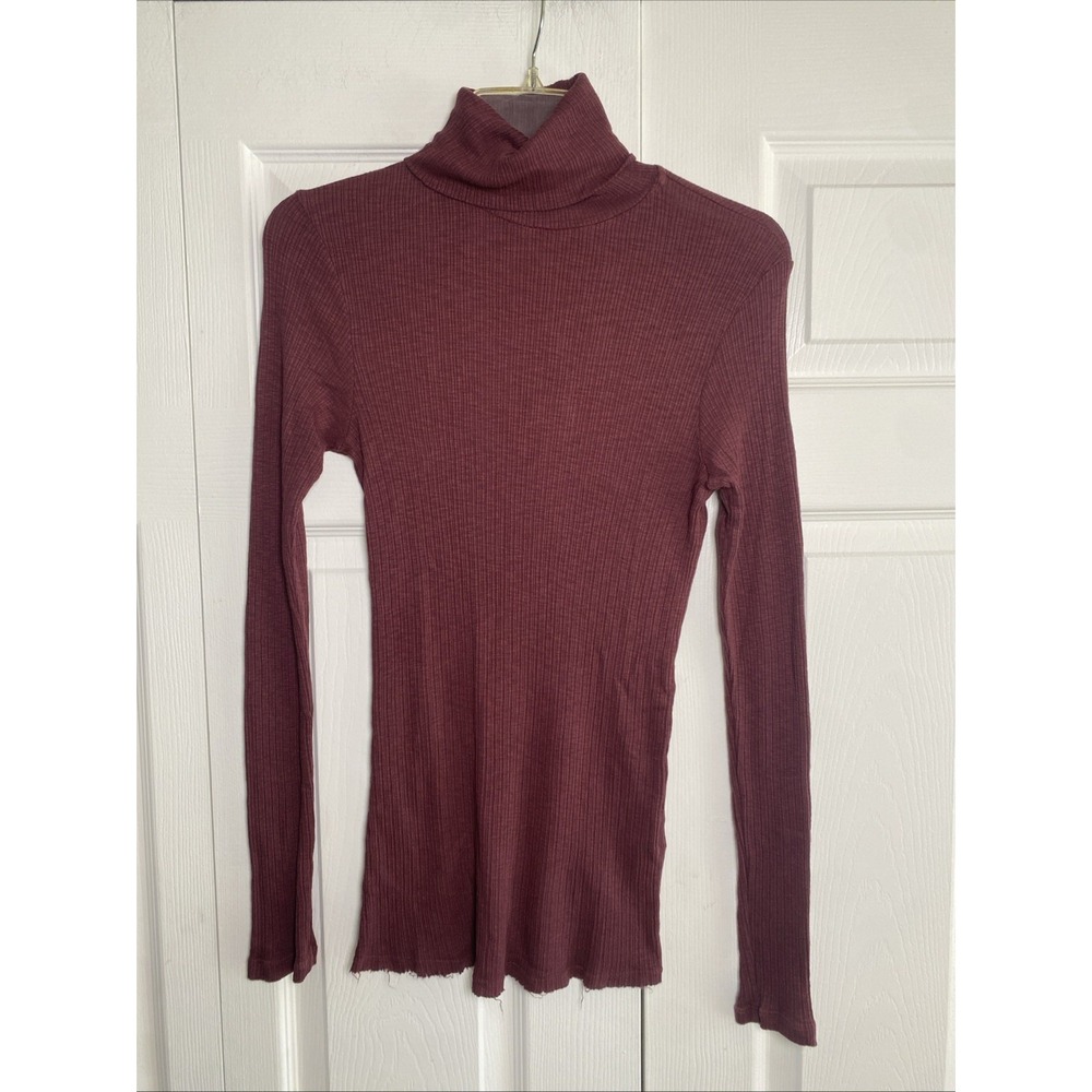 Sundry Ribbed Turtleneck Top Womens Size 3 L Burgundy Raw Hem Cotton Modal Rib